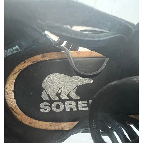 Sorel Joanie I| Black Leather Lace Up Wedge with Rugged Rubber Sole Sandals Sz 9 - Picture 10 of 10
